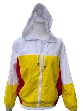 Urban Retro Colorblock Windbreaker Yellow Red White Women Small Zip Jacket Hood‎